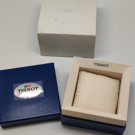 Cofanetto per orologi Tissot blu con targhetta con cellophane. Segni lievi