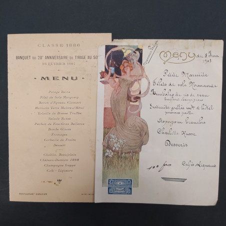 Lotto di 5 menu di ristorante degli inizi del '900 in francese. Macchie