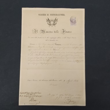 Documento del Ministro delle finanze 1854 con firma del Conte Cavour. Ingiallito