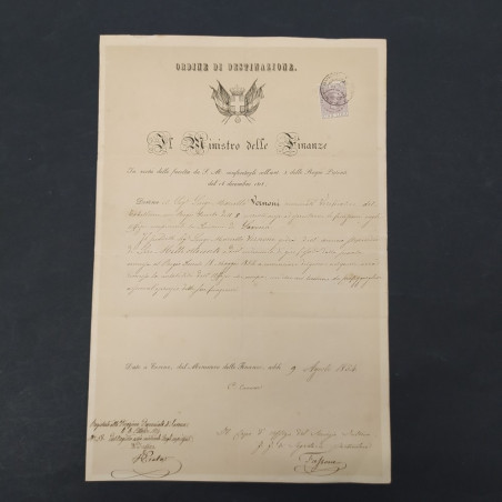 Documento del Ministro delle finanze 1854 con firma del Conte Cavour. Ingiallito