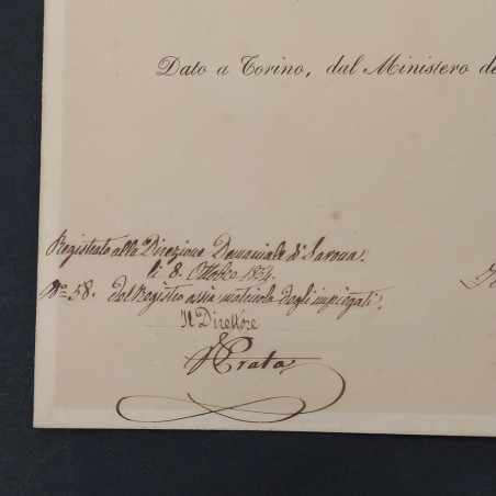 Documento del Ministro delle finanze 1854 con firma del Conte Cavour. Ingiallito