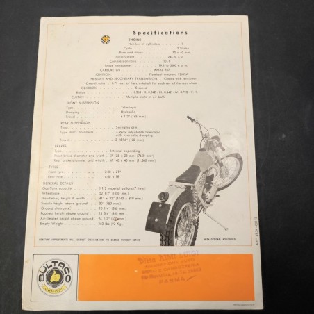 Catalogo motocicletta Bultaco Cemoto Sherpa T in inglese, 1968. Ingrigito