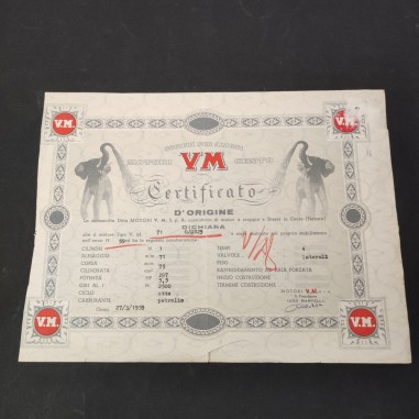 Certificato d'origine di un motore VM 71  N. 0/0829, 1959 firmato Ugo Martelli