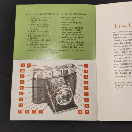 Istruzioni d'uso macchina fotografica Zeiss Super Ikonta IV in spagnolo. Strappo