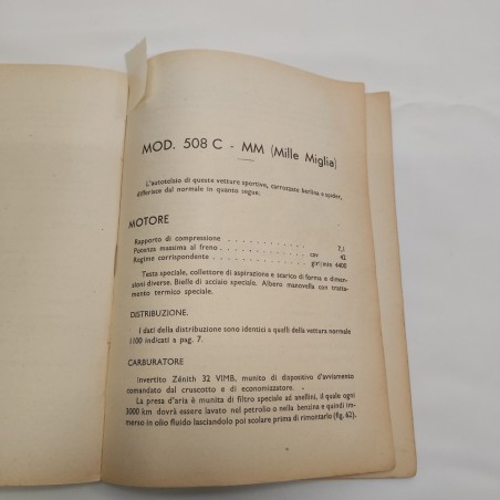 Libretto Uso e manutenzione auto Fiat 1100, anche mod. 508 Mille Miglia, 1944