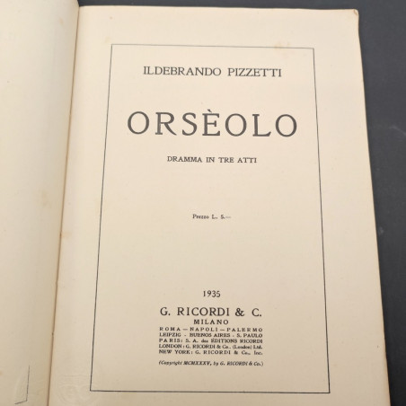 Libro Orseolo, Ildebrando Pizzetti, ed. Ricordi 1935. Macchioline diffuse