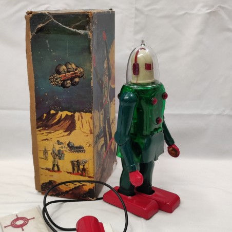 Robot giocattolo Dux Astroman. Buono plastica verde trasparente scatola