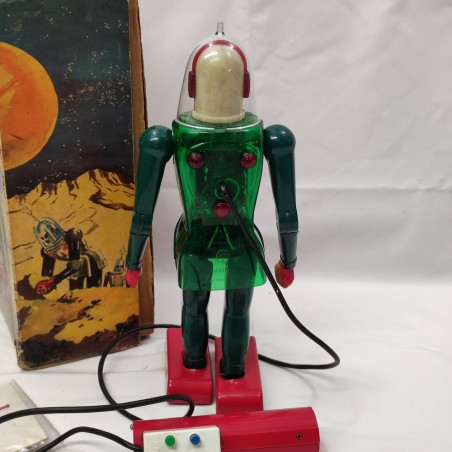 Robot giocattolo Dux Astroman. Buono plastica verde trasparente scatola