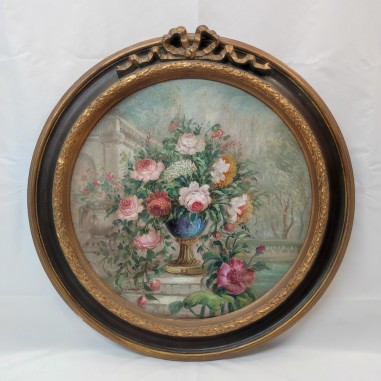 Quadro tondo De Sanctis soggetto vaso di fiori d. 60 cm