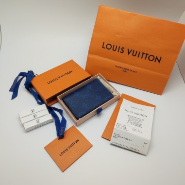 Louis Vuitton porta tessere in pelle blu nuovo con astuccio e scontrino cortesia