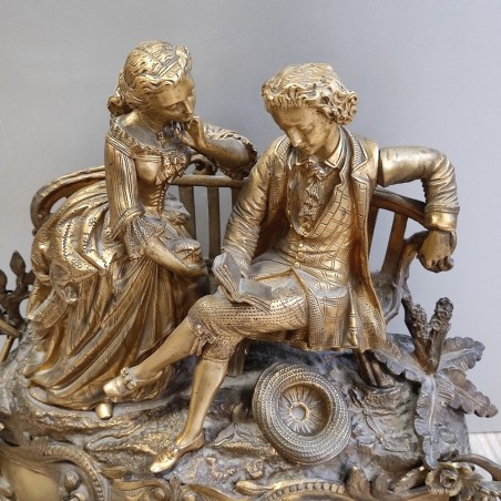 Orologio da camino fine 800 neo rococcò con coppia damerini