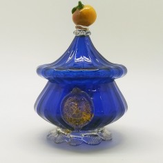 Vaso con coperchio in vetro di Murano blu con intrusioni in oro 2