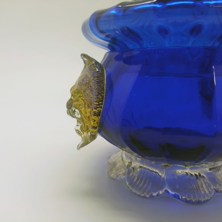 Vaso con coperchio in vetro di Murano blu con intrusioni in oro