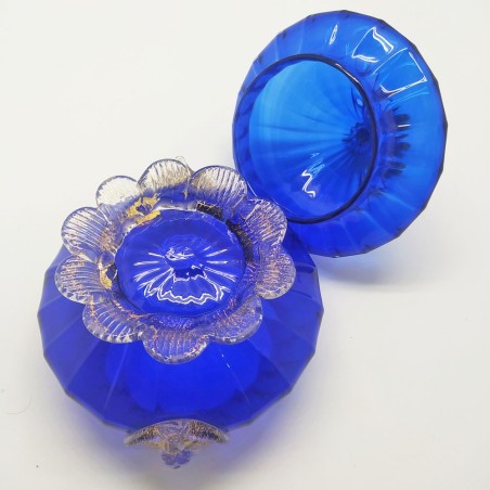 Vaso con coperchio in vetro di Murano blu con intrusioni in oro