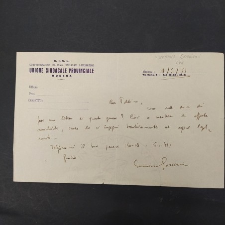 Lettera dell'Unione sindacale firmata da Ermanno Gorrieri deputato e partigiano