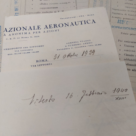 Lotto di buste paga e lettere di un aviatore, anni '30-'40. Carta intestrata