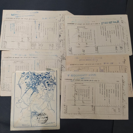 Lotto di buste paga e lettere di un aviatore, anni '30-'40. Carta intestrata