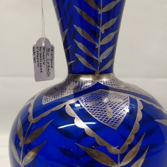 Vaso in cristallo blu cobalto decorato all'amalgama d'argento anni '40. Buono 2