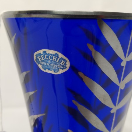 Vaso in cristallo blu cobalto decorato all'amalgama d'argento anni '40. Buono