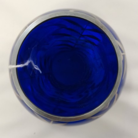 Vaso in cristallo blu cobalto decorato all'amalgama d'argento anni '40. Buono