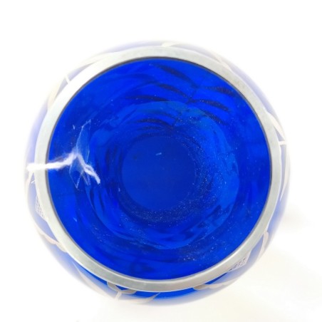 Vaso in cristallo blu cobalto decorato all'amalgama d'argento anni '40. Buono
