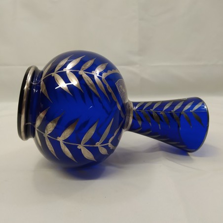 Vaso in cristallo blu cobalto decorato all'amalgama d'argento anni '40. Buono