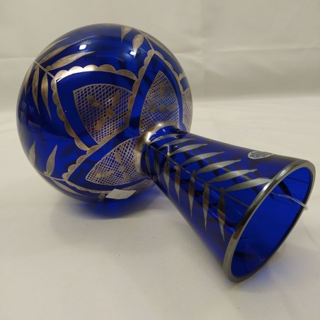 Vaso in cristallo blu cobalto decorato all'amalgama d'argento anni '40. Buono