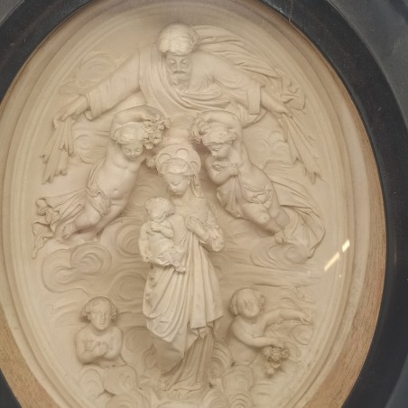 Madonna con bambino tra angeli e sopra Dio, in quadro ovale. Buone condizioni