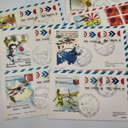 Lotto di 11 buste e cartoline 50° anniversario volo Roma-Tokio. Buono