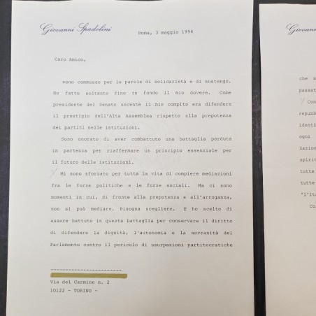 Originale lettera dattiloscritta e firmata in originale Giovanni Spadolini 1994