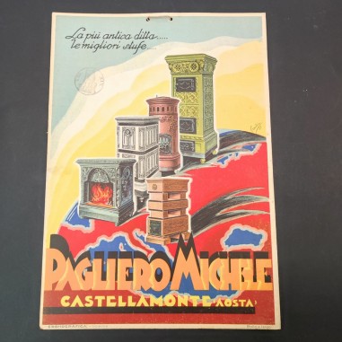 Cartoncino pubblicitario anni 30 Stufe Pagliero Michele Castellamonte Aosta