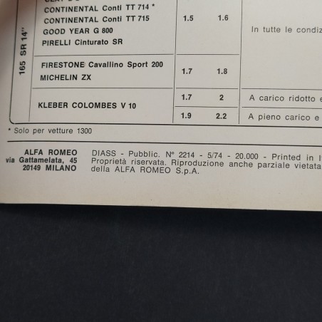 Libretto uso e manutenzione Alfa Romeo Nuova Super 1300-1600, 1974. Polvere