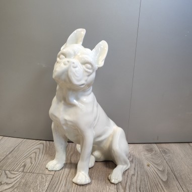 Cane Bulldog francese in ceramica bianca riparata h. 45 cm