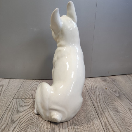 Cane Bulldog francese in ceramica bianca riparata h. 45 cm