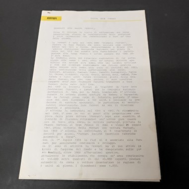 Visita alla Ferrari lettera di benvenuto ai visitatori 10/77 ufficio stampa