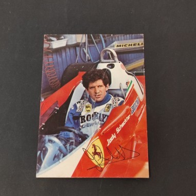 Cartolina con foto pilota Ferrari  Jody Scheckter, al retro messaggio e firma