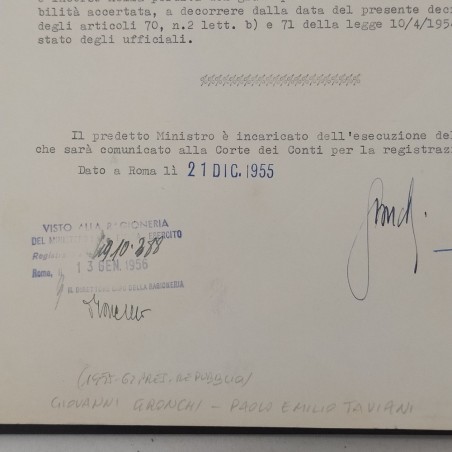 Decreto Presidente della Repubblica 1955 con autografi Gronchi e Taviani