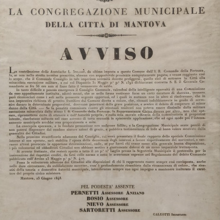 Quadro con Avviso La Congregazione Municipale della Città di Mantova 1848