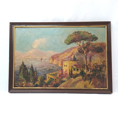 Dipinto ad olio materico con vista del Vesuvio fumante, misure 63x44 cm