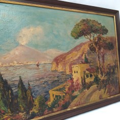 Dipinto ad olio materico con vista del Vesuvio fumante, misure 63x44 cm 2