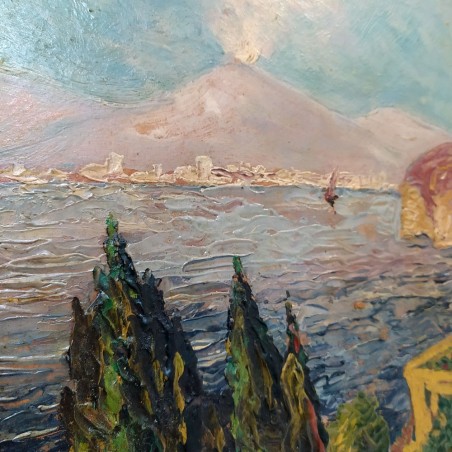 Dipinto ad olio materico con vista del Vesuvio fumante, misure 63x44 cm