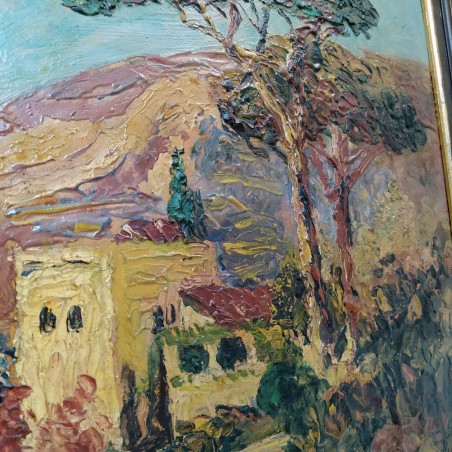 Dipinto ad olio materico con vista del Vesuvio fumante, misure 63x44 cm