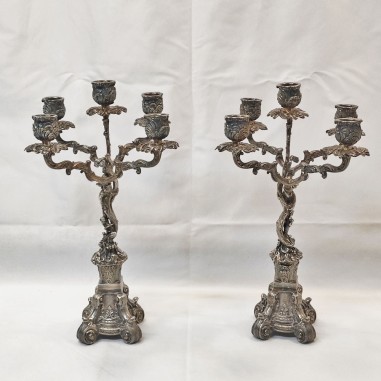 Coppia candelabri in argento a 5 braccia decorati floreali 4,070 kg