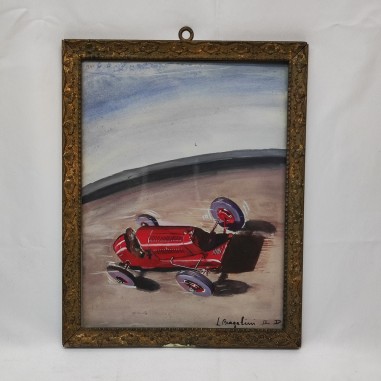 Quadro tempera su tavola autore L. Bragalini 1940 con auto da corsa rossa