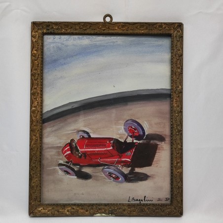 Quadro tempera su tavola autore L. Bragalini 1940 con auto da corsa rossa