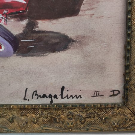 Quadro tempera su tavola autore L. Bragalini 1940 con auto da corsa rossa