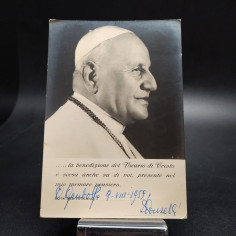 Cartolina di Papa Giovanni XXIII, 1959 con autografo non riconosciuto. Buono