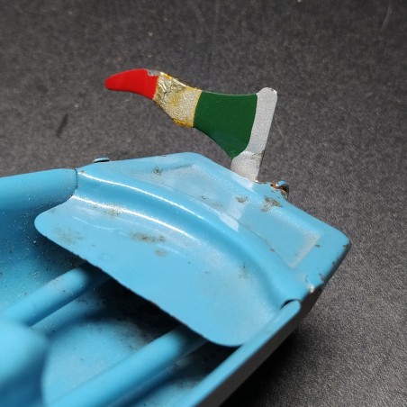 Motoscafo giocattolo in latta italiano Bordoli, meccanismo a spirito incompleto