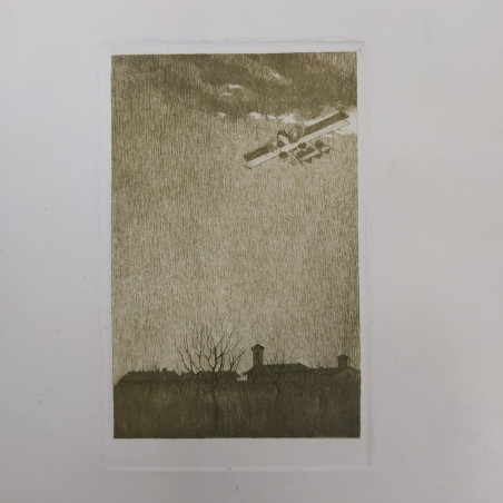 Incisione litografia aereo Caproni timbro a secco Senza Cozzar Dirocco Caproni
