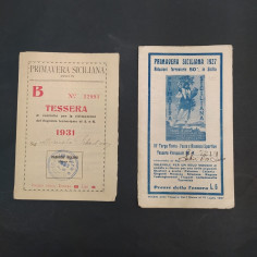 Lotto di 2 tessere ferroviarie Primavera siciliana 1927 e 1931
